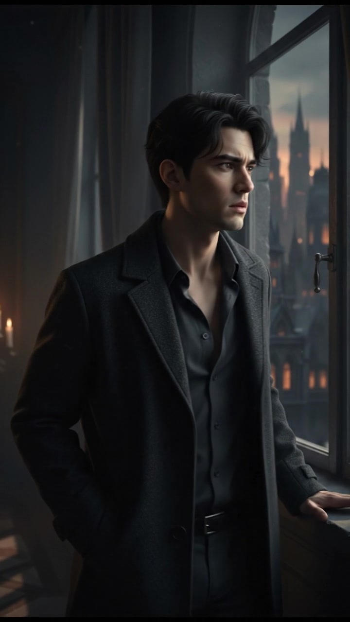 Ken standing near a window, glancing outside with a suspicious look, cityscape in the background.