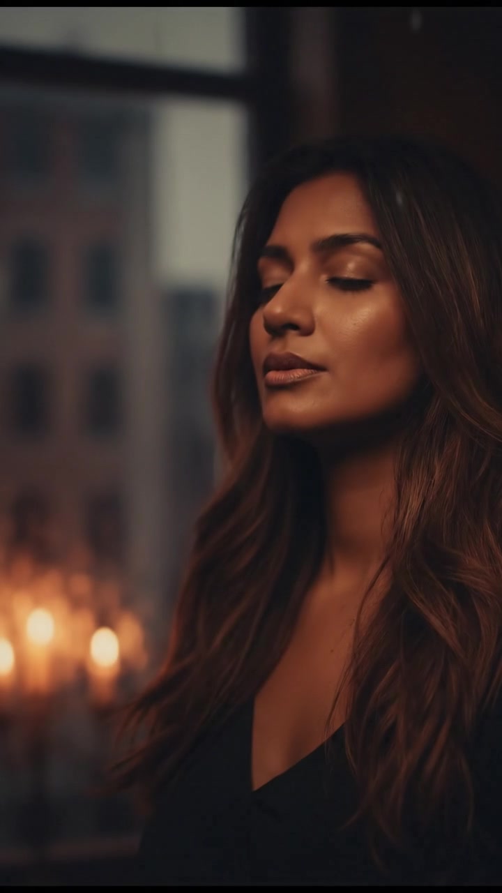 Priya standing by a rain-streaked window, gazing outside with her eyes closed, lost in thought.