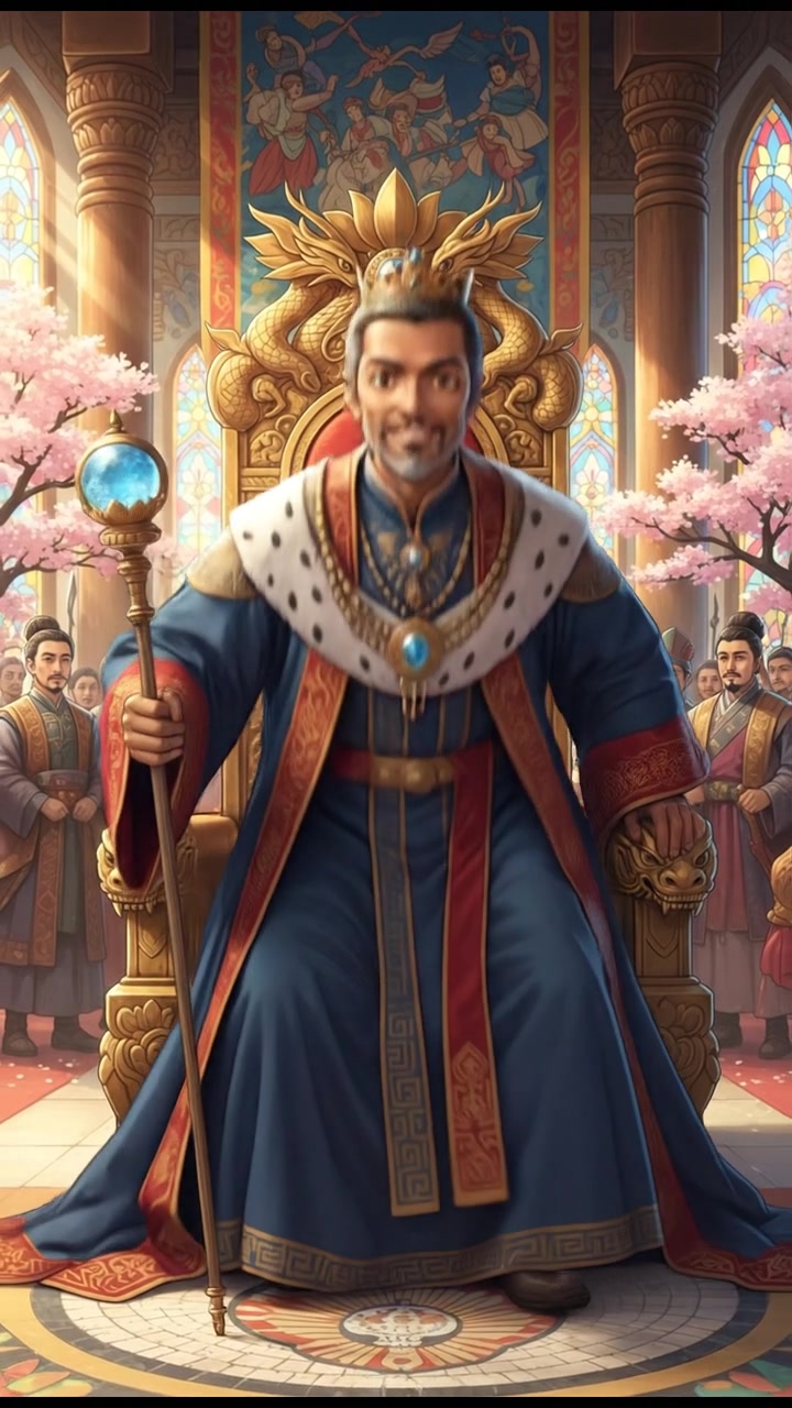 Raj seated on an ornate throne, dressed in royal attire, in a lavish historical court.