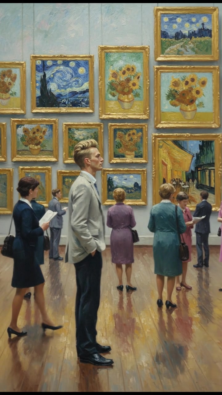 A gallery wall filled with framed paintings by Van Gogh, with visitors engrossed in viewing.