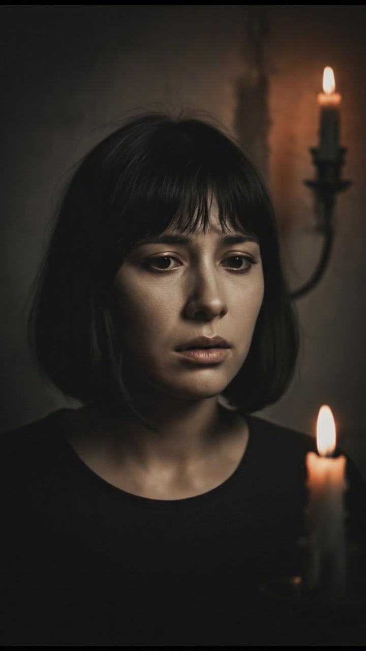 Close-up of Li's face, looking alarmed as she hears a whisper from the phone.