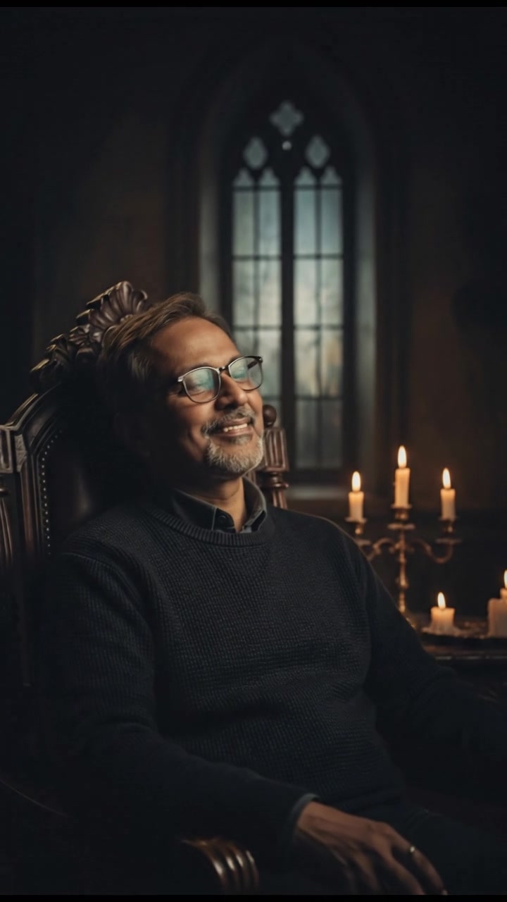 Raj sitting back in his chair, shaking his head and smiling, with a nostalgic look on his face.