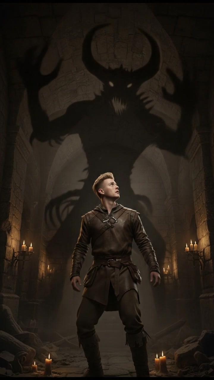 Ryan with a monstrous shadow looming over him in a dimly lit chamber.