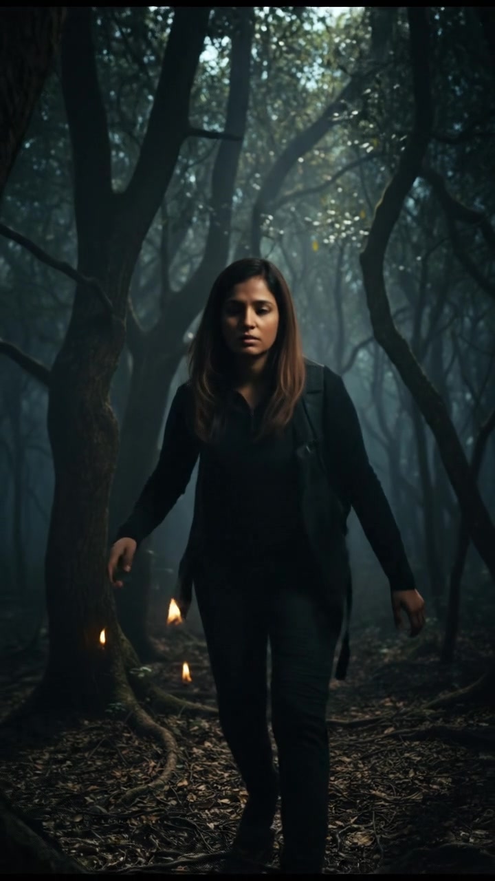 Priya cautiously stepping forward in a dimly lit forest, with thick trees surrounding her.