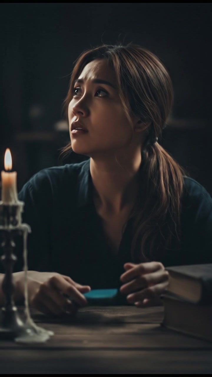 A worried expression on Mei's face as she stares at her phone, contemplating her next move.