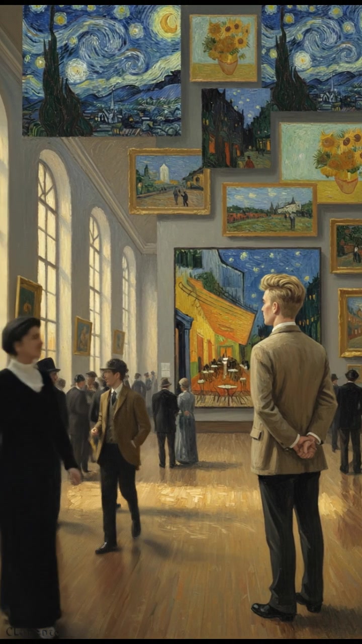 A montage of Van Gogh's paintings displayed at an exhibition, with visitors admiring them.