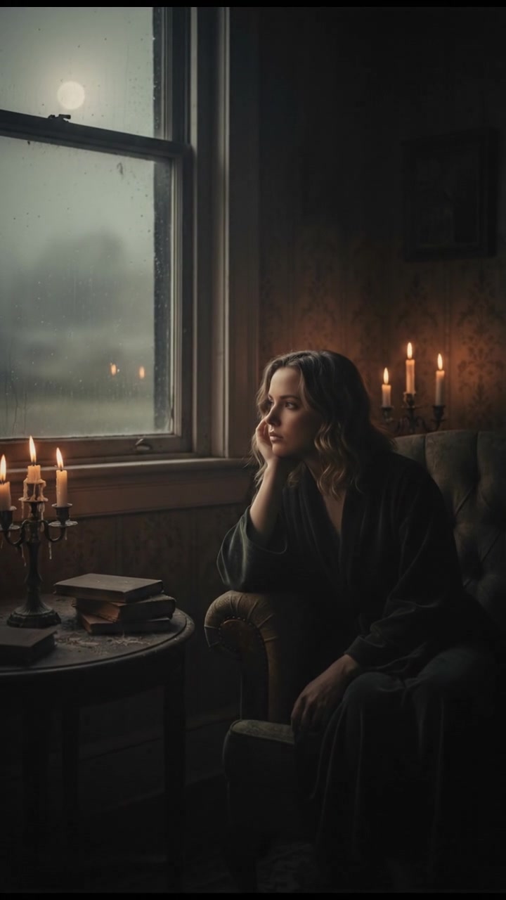 Ashley sitting in her dimly lit room, looking pensive while gazing out the window.