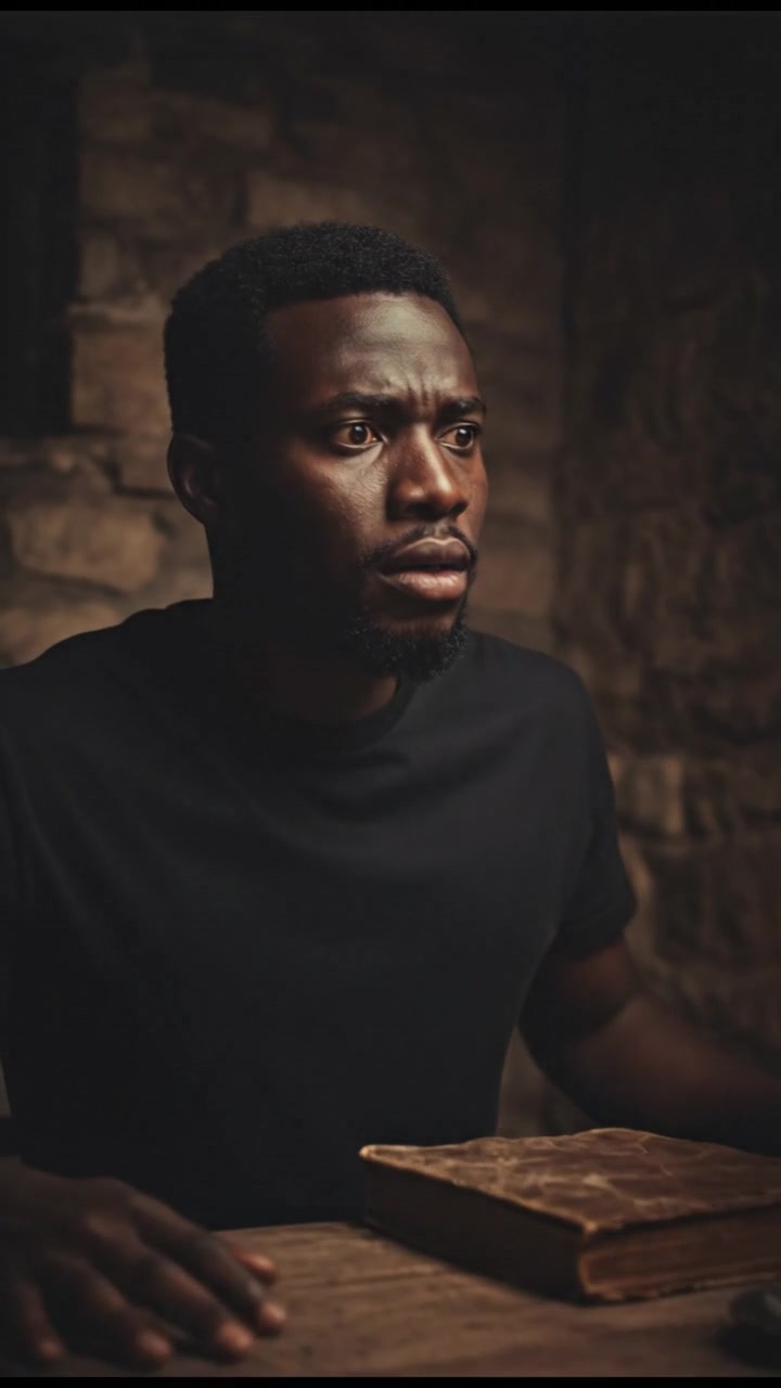 Isaiah listening intently, with a fearful expression, sitting at a table.