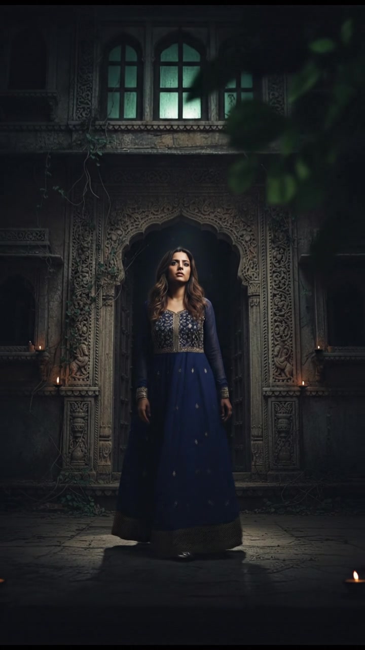 Priya standing at the entrance of the haveli, looking apprehensive.