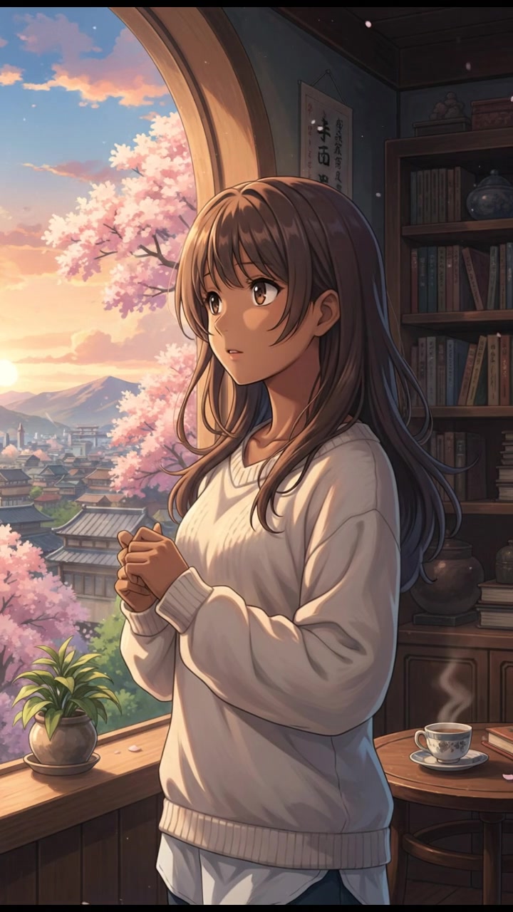 Pari looking out of a window, deep in thought, with a calm expression.