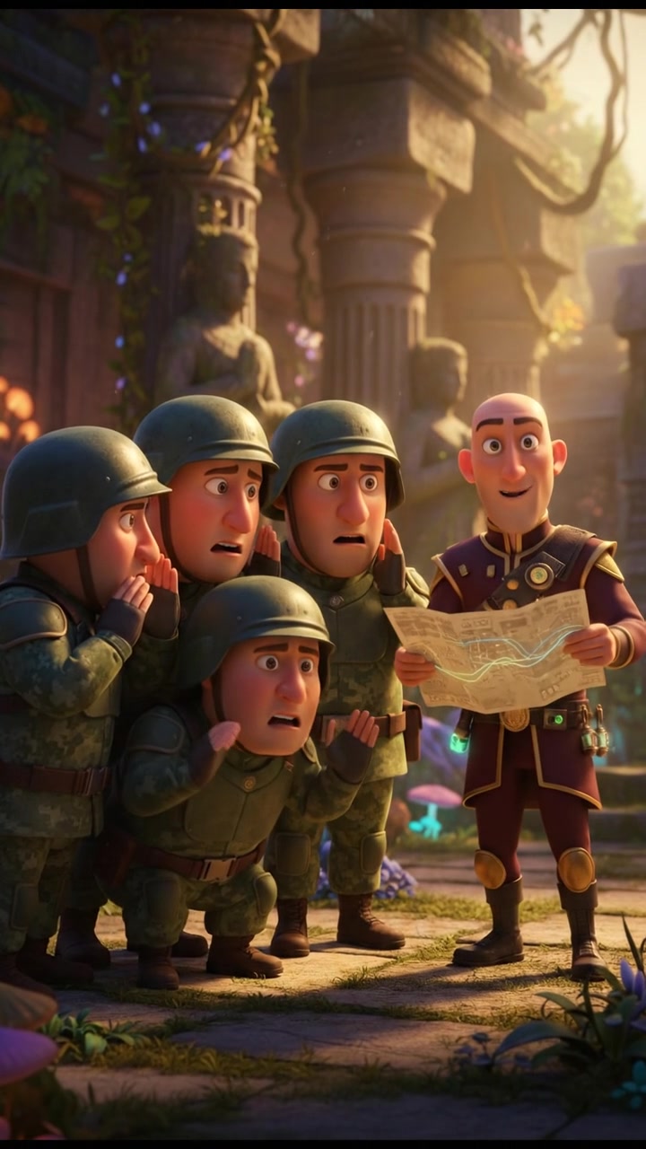 A group of soldiers, visibly anxious, whisper to each other while glancing nervously at Carlos.