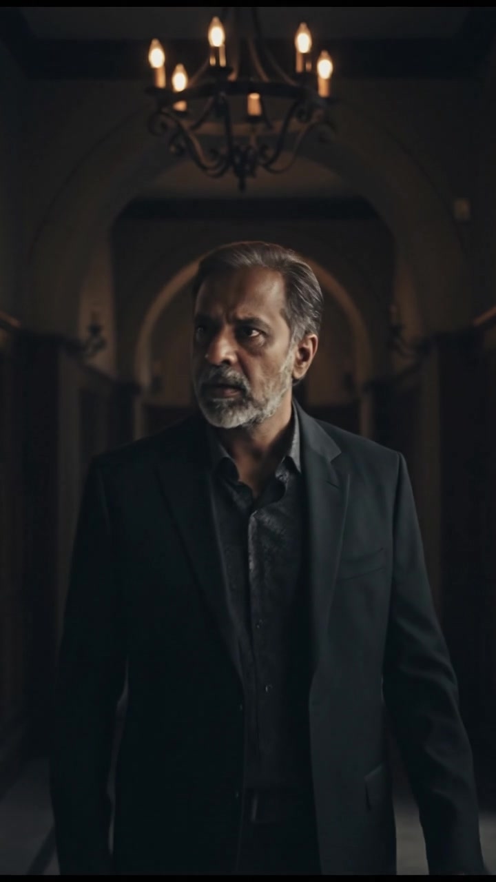 Raj looking worried in a dimly lit hallway with an ornate chandelier.