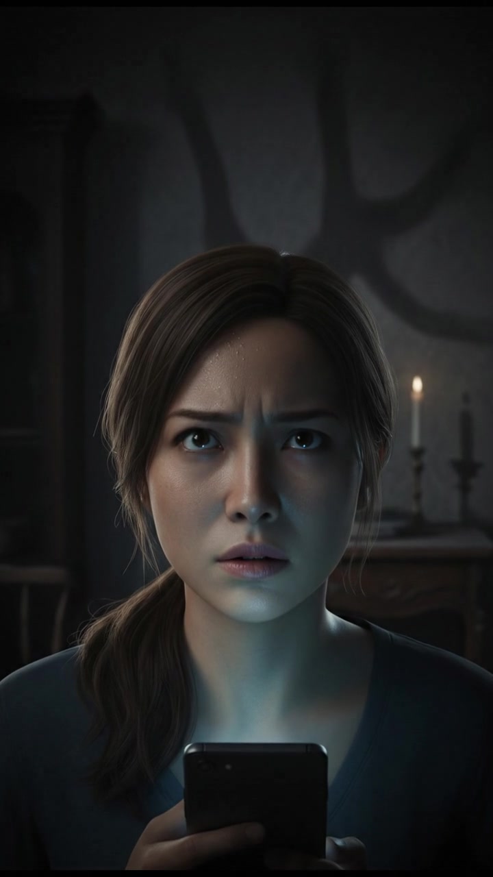 A dark room with Mei's anxious face illuminated by the phone's screen.