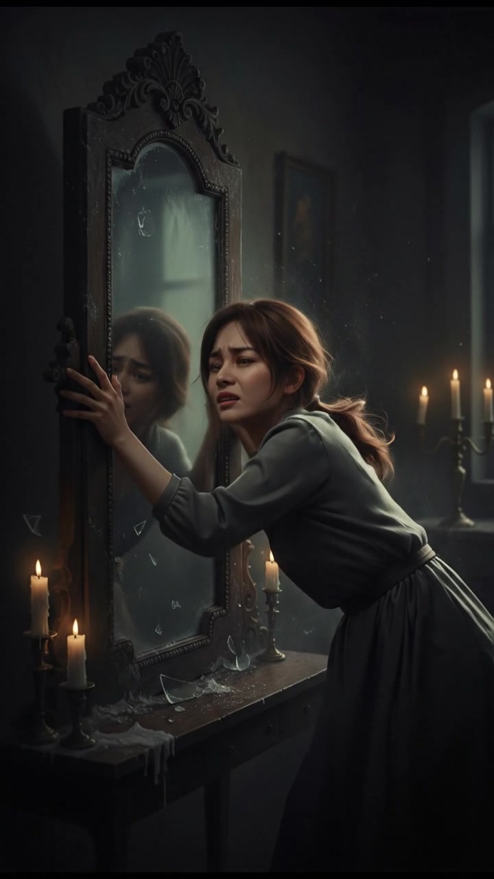 Mei being pulled into the mirror, struggling with a look of desperation on her face.