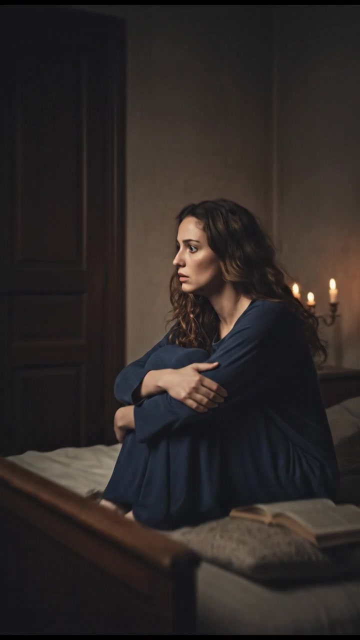 The Maya sitting on her bed uneasily, her expression anxious as she glances towards the closed bedroom door.