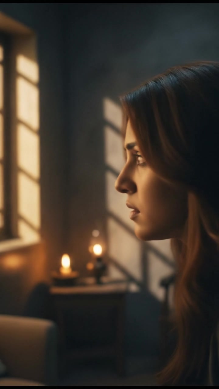 A close-up of Priya looking around the room, feeling like someone is watching her.