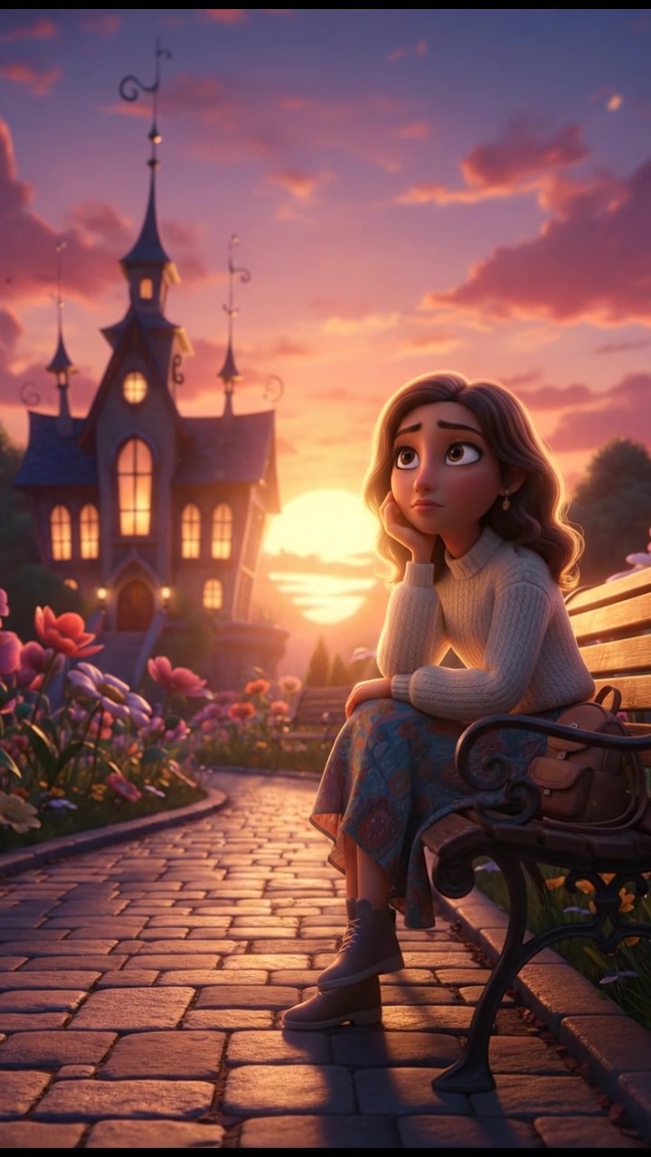 Laila sitting alone on a bench outside the library, looking contemplative as the sun sets behind her.