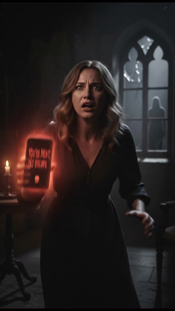 Ashley looking horrified, her phone glowing ominously with aggressive text.