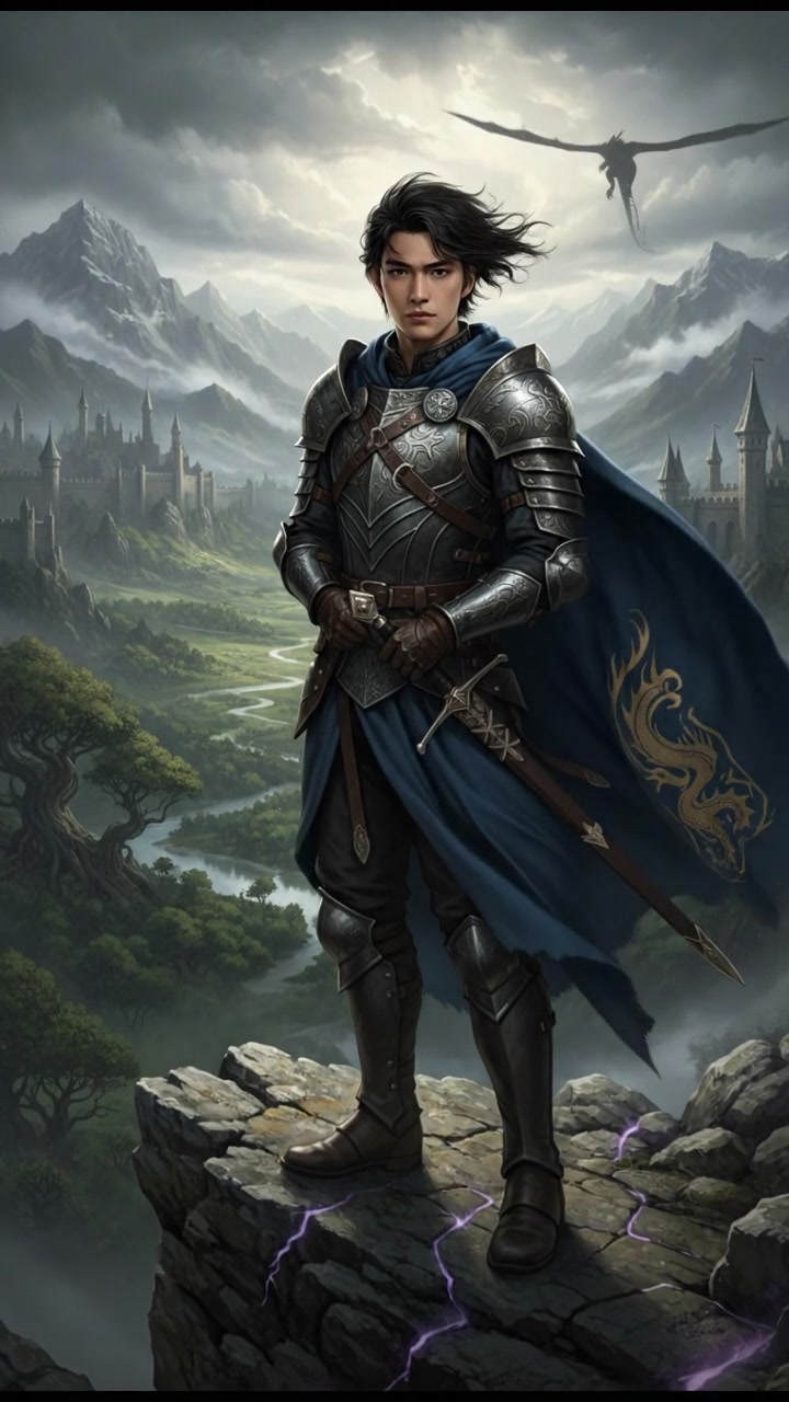 Ken standing on a rocky cliff, overlooking a vast valley, with determination on his face as the wind blows through his hair.