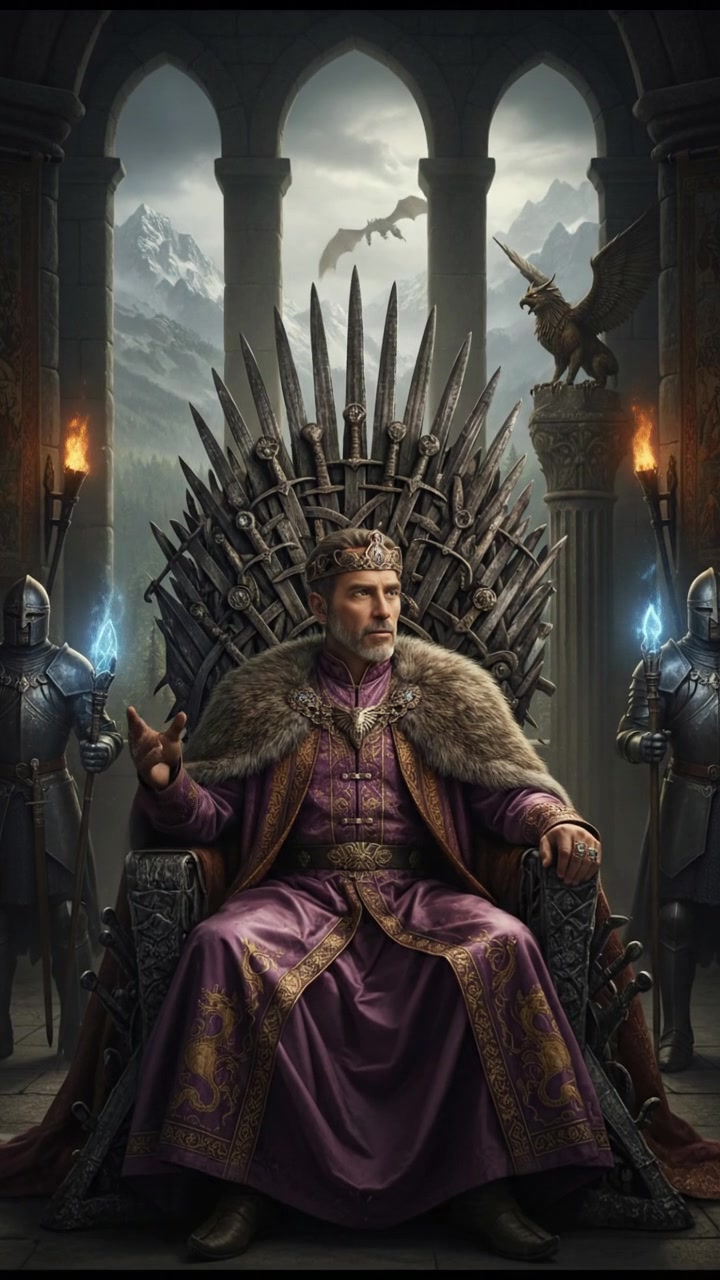 Omar seated on a royal throne, dressed in traditional attire.