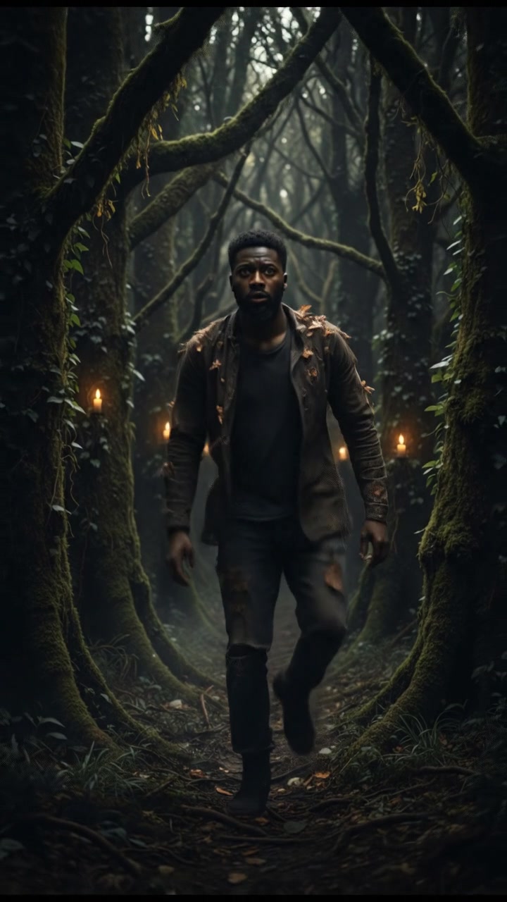 Isaiah lost in a dark part of the forest, surrounded by dense trees, looking disheveled and scared.