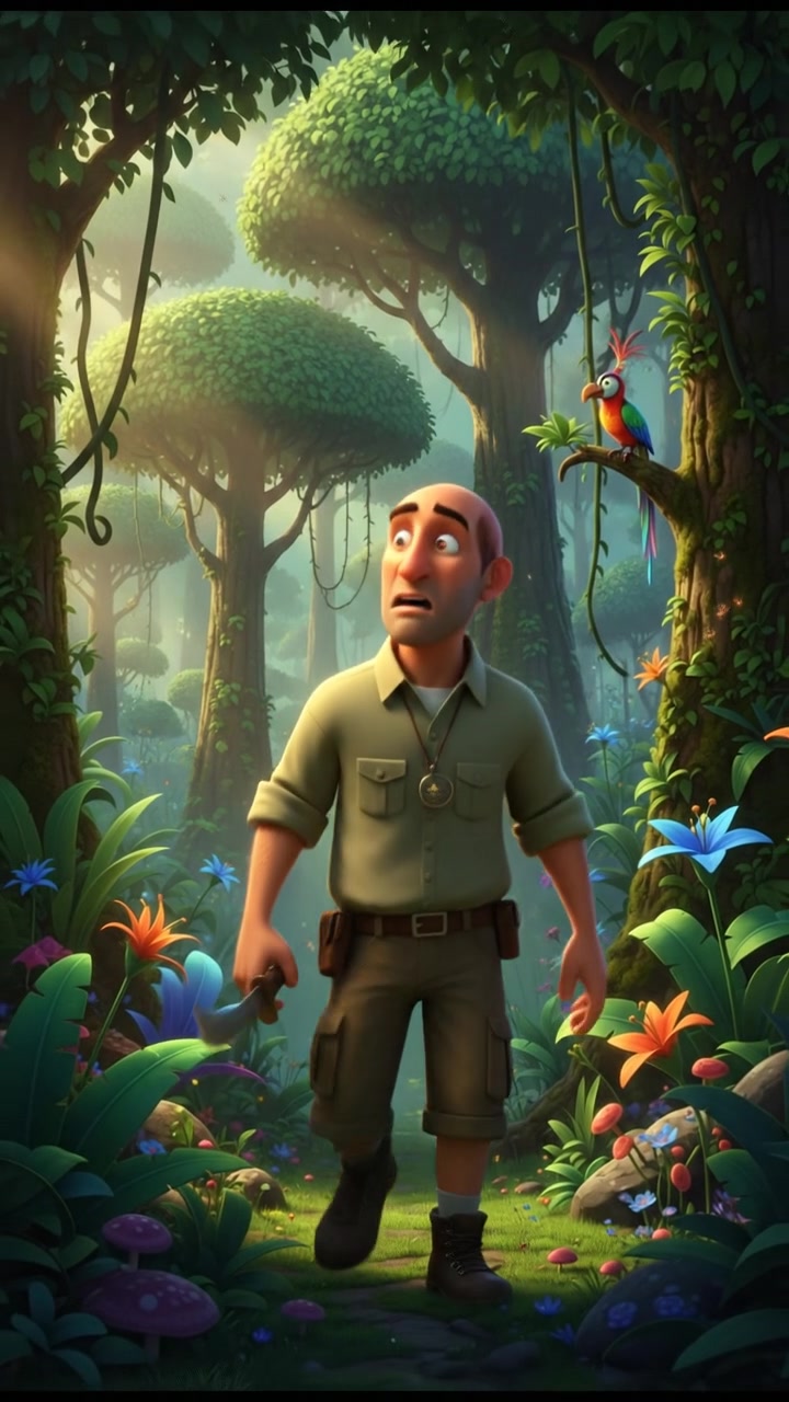Carlos with a worried expression, standing in a dense jungle surrounded by tall trees.