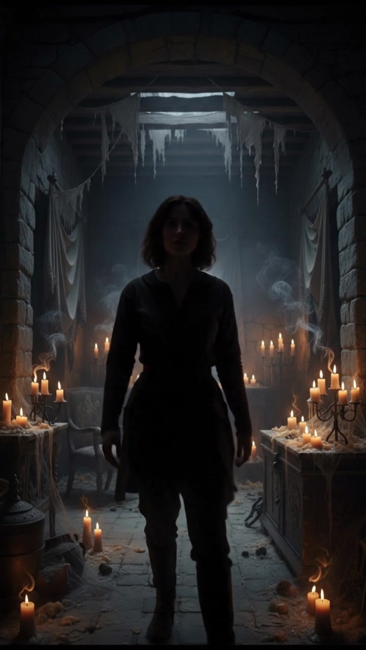 Laila, standing in the middle of a dimly lit room, looking around suspiciously with a concerned expression.