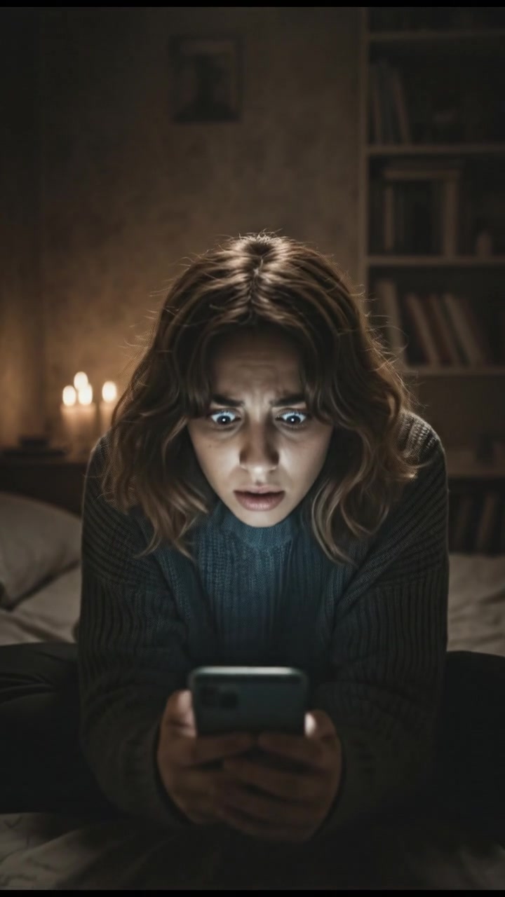 Laila, sitting on her bed, staring at her phone in disbelief.