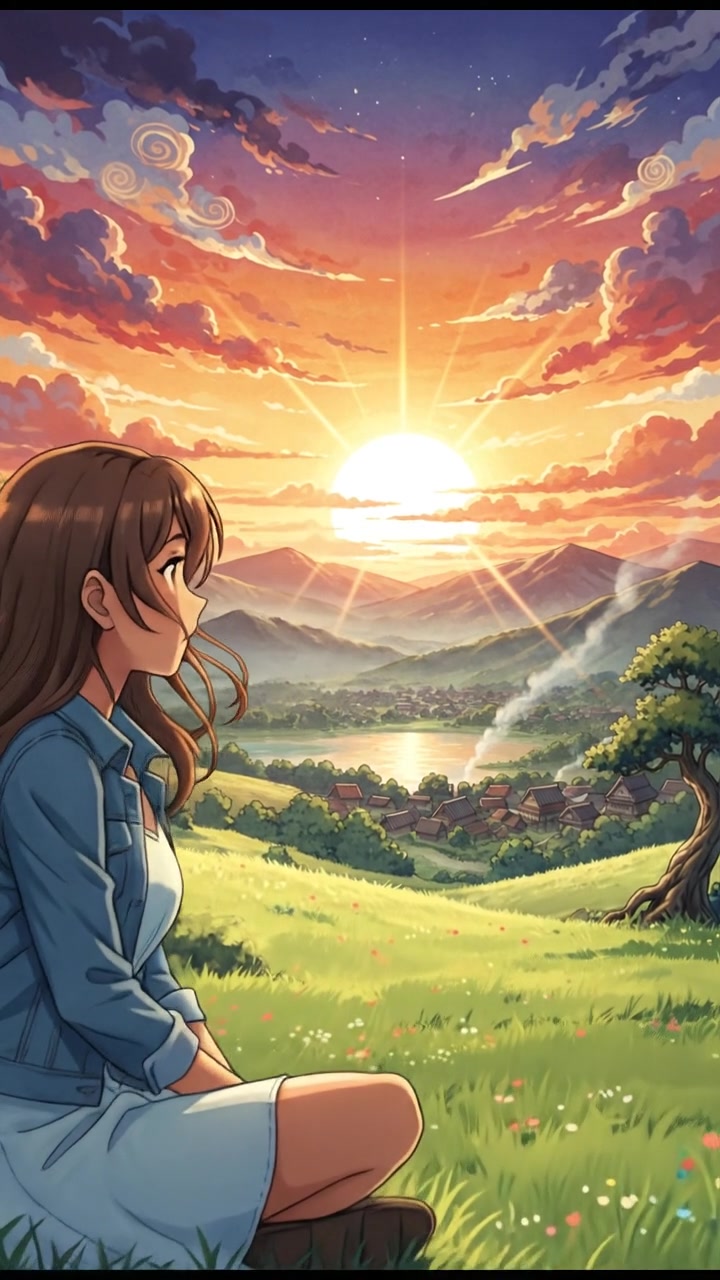 Ayesha sitting on a grassy hill, gazing at a distant sunset, deep in thought.