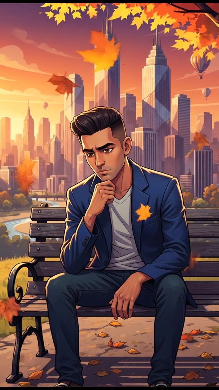 Arjun sitting on a park bench, looking pensive against the backdrop of the city skyline.