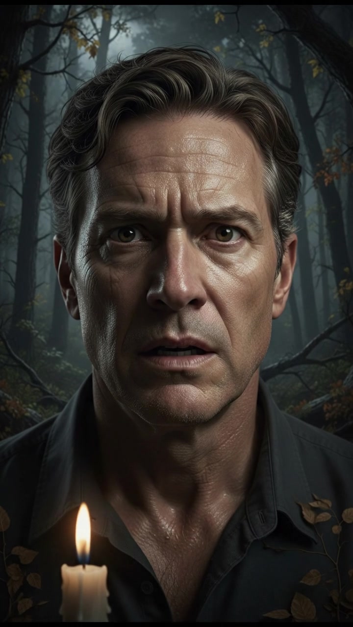 A close-up of Mark's fearful expression, with the dark forest in the background.