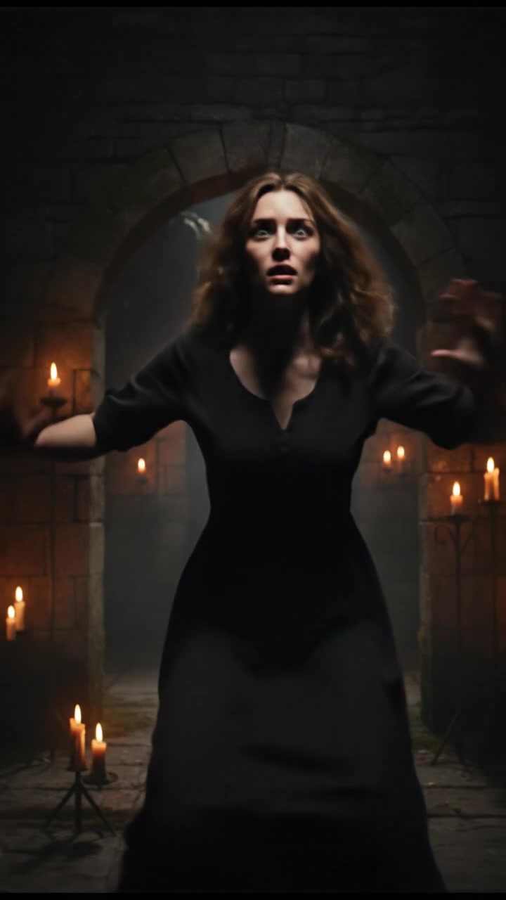 Ashley stumbles back in fear, her eyes wide and frightened as she backs away.