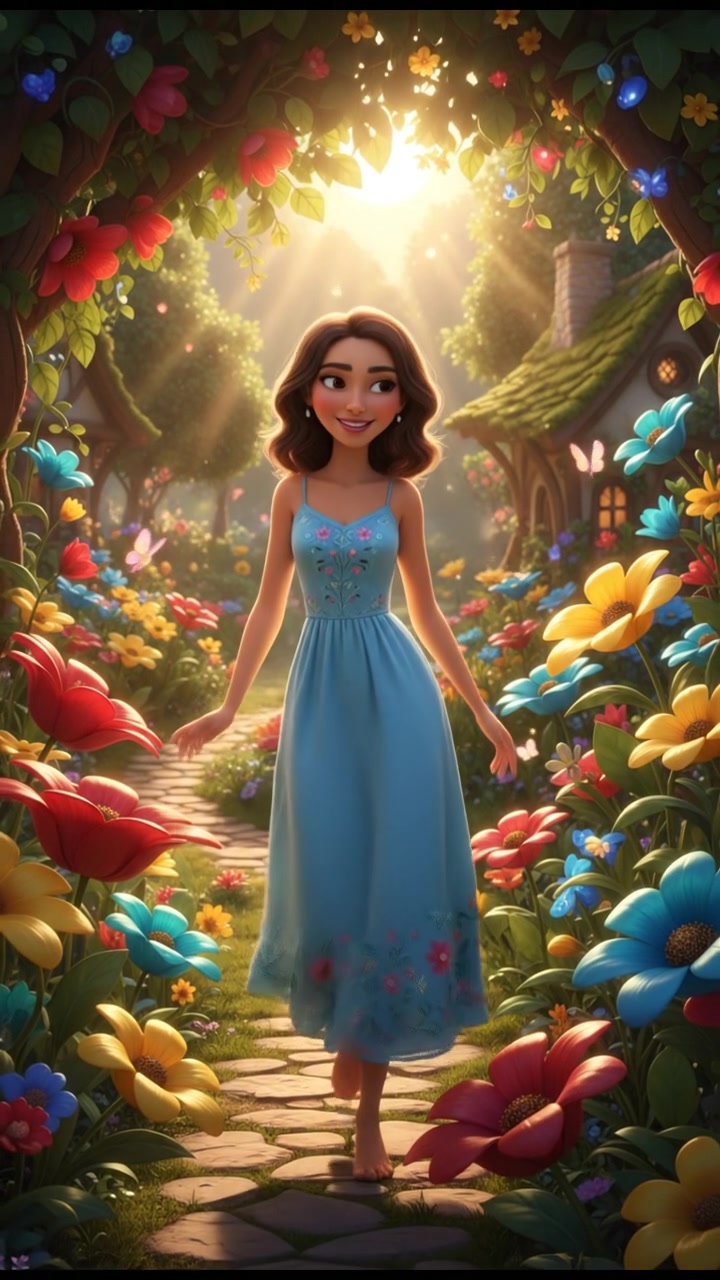 Safiya stands in a sunlit garden, smiling gently, with flowers blooming around her.