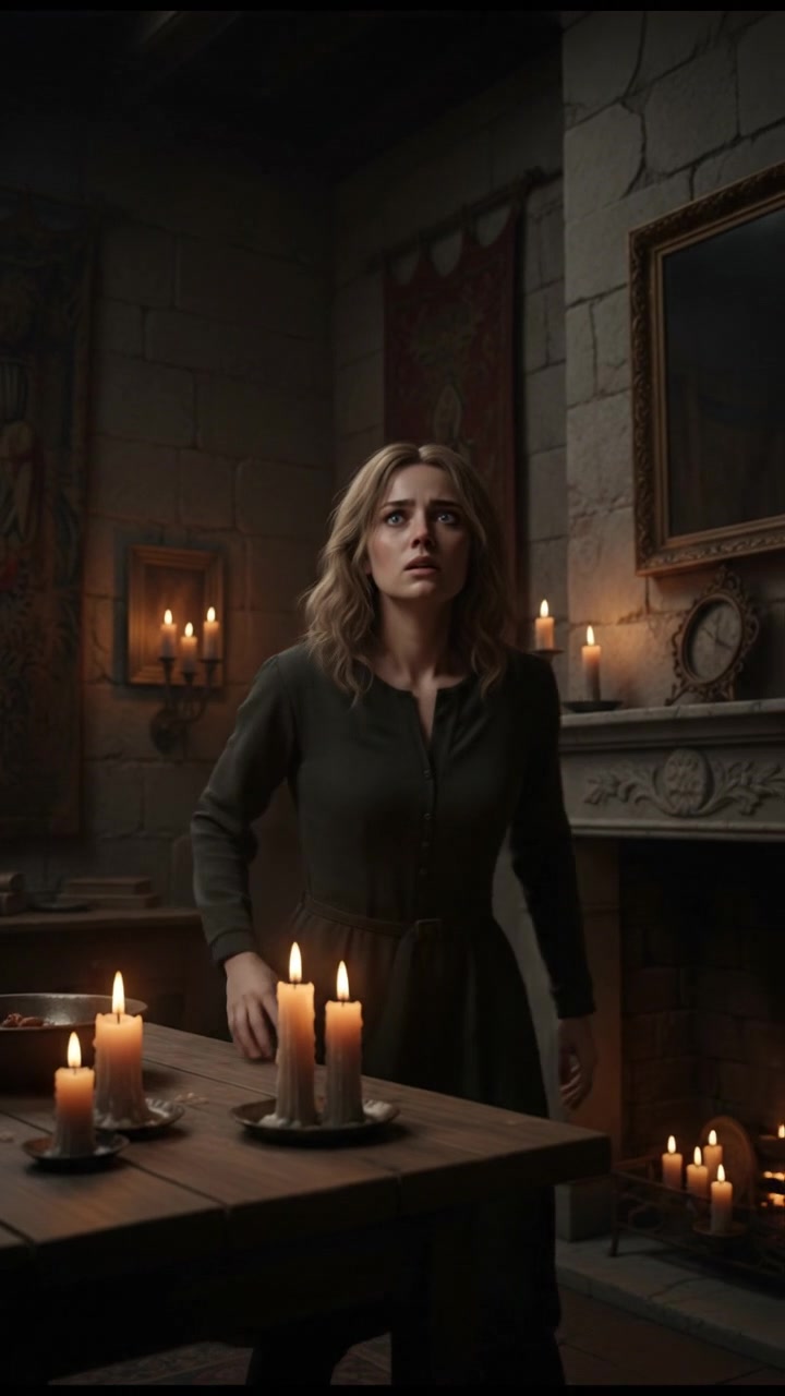 Ashley looks startled, her eyes wide with fear and confusion.