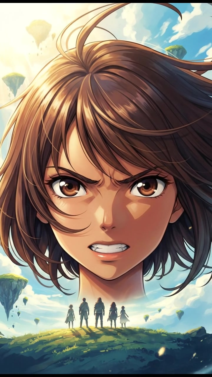 A close-up of Priya's face showing determination, with a blurred view of distant figures in the background.