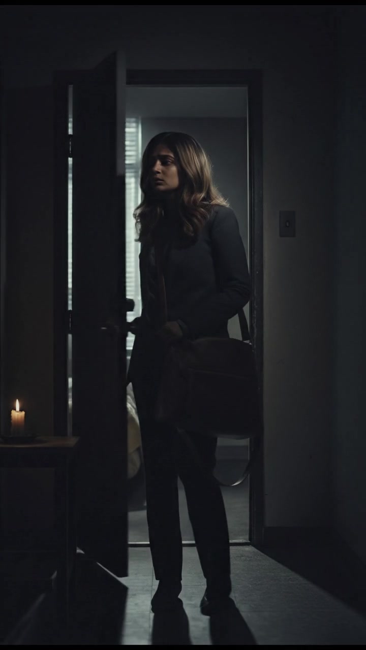 A worried Priya exiting her apartment door after a long day of work, looking tired.