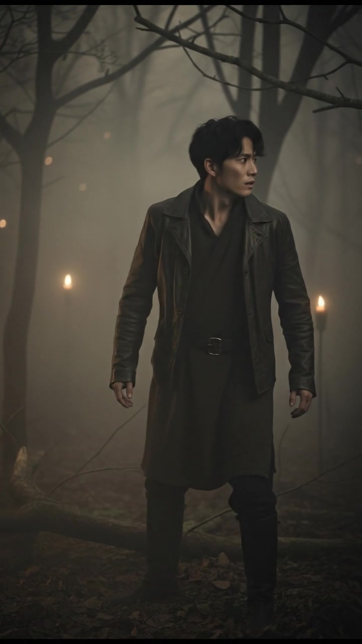 Ken standing in a dimly lit forest, looking around with a nervous expression, surrounded by fog.