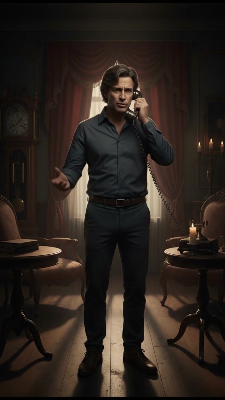 Mark talking on the phone in a well-lit living room, his expression anxious as he listens intently.