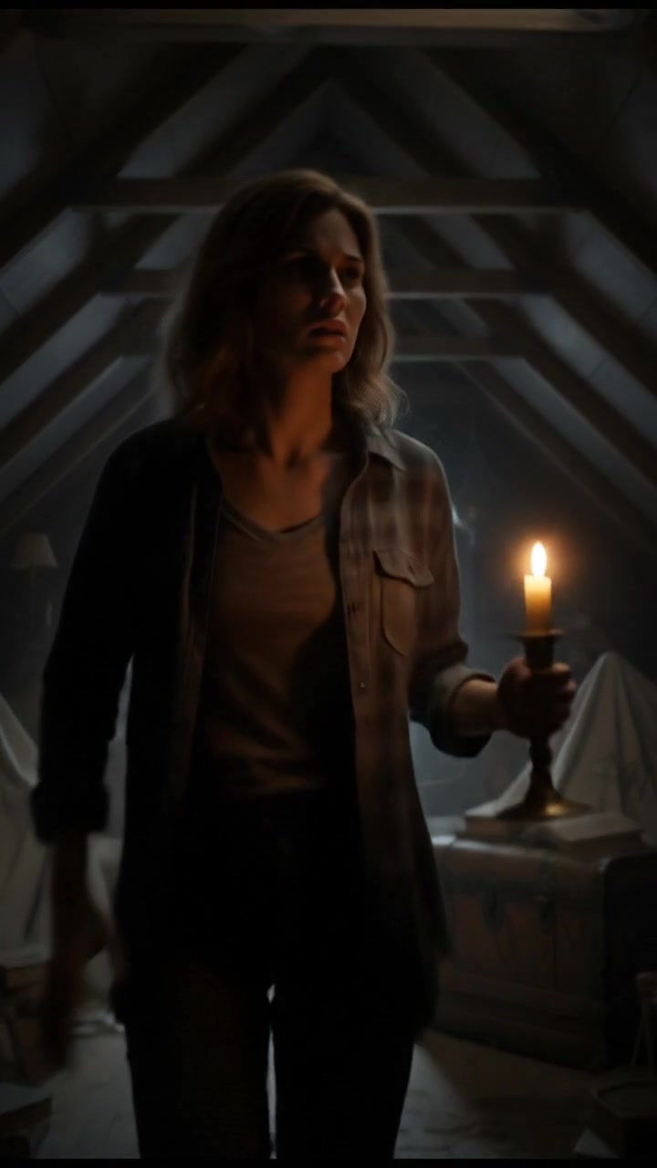 Ashley standing alone in the attic, looking worried as she hears a scratching noise.