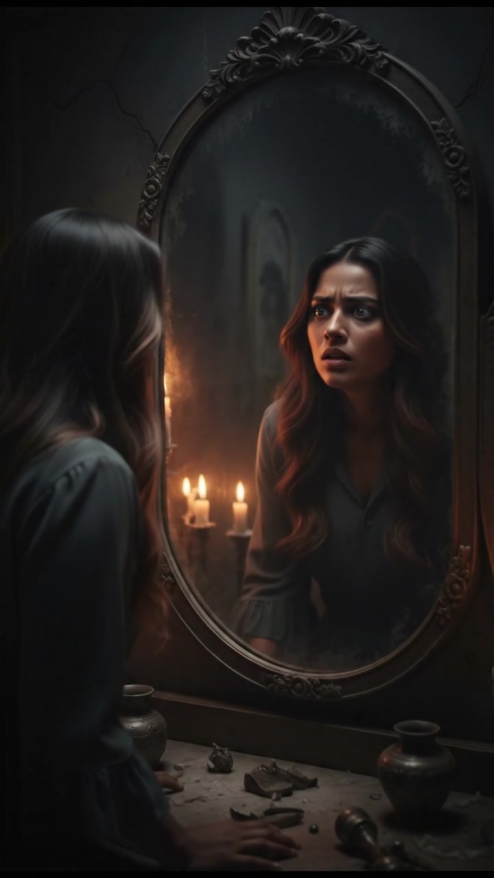 Priya leaning closer to the mirror, her face reflecting both surprise and dread.