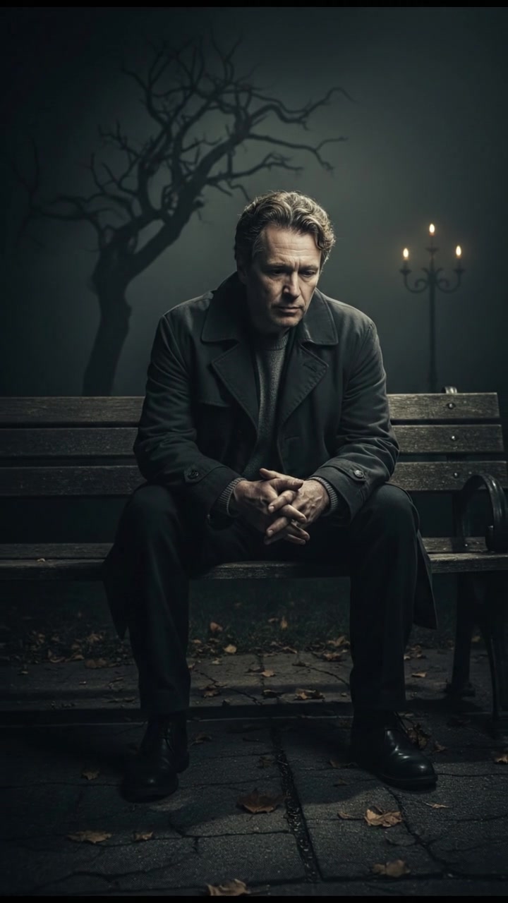 Mark sitting alone on a park bench, looking pensive and lost in thought.
