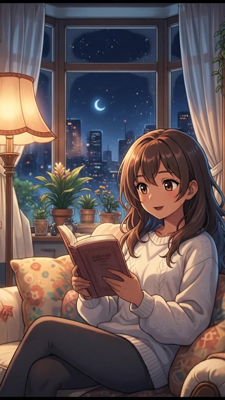 Priya sitting on a cozy sofa, reading a book, with a warm lamp light illuminating the room.