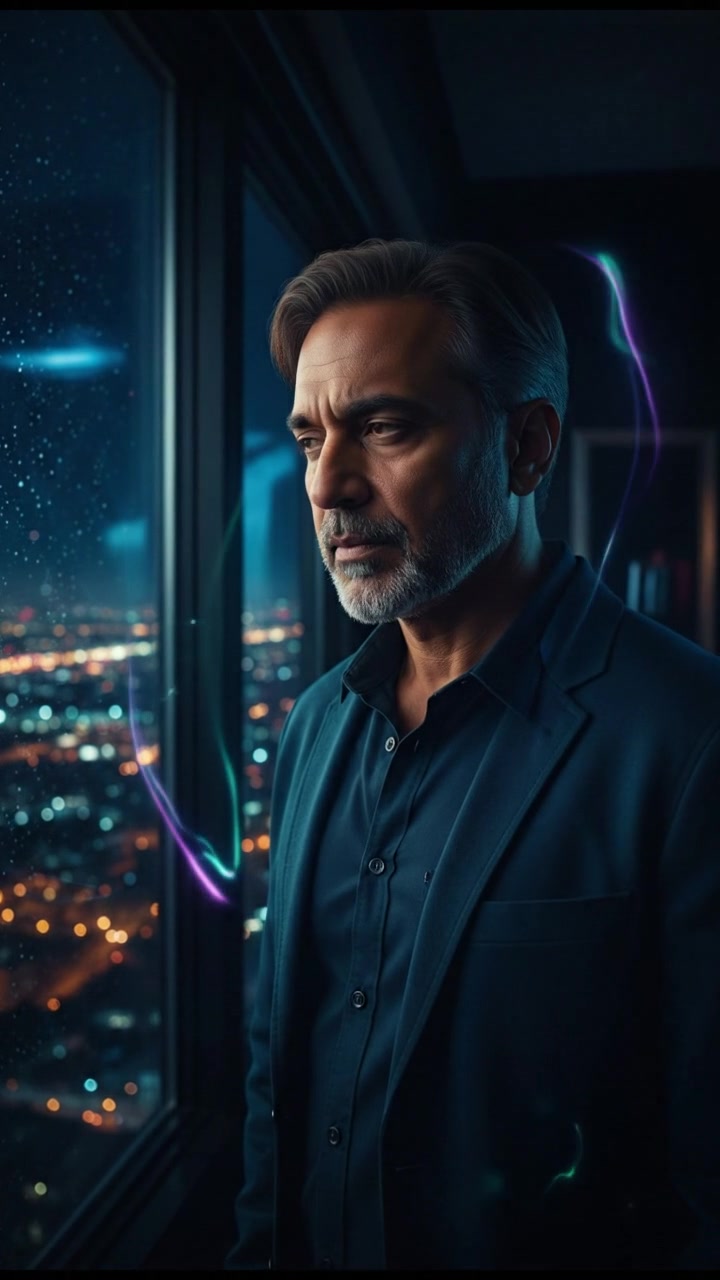 Raj with a somber expression, looking out a window at the city.