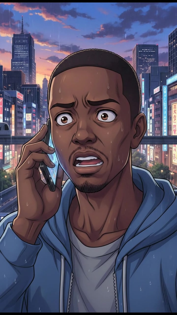 Isaiah on a phone call, looking concerned with his smartphone pressed to his ear.