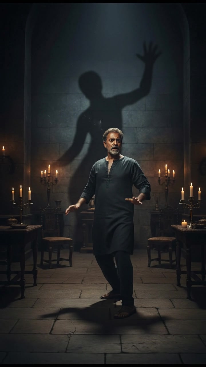 Raj, visibly shaken, raises his hands as if to ward off the shadow.