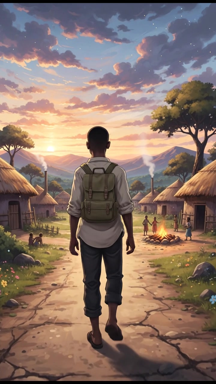 Isaiah walking on a dirt road, carrying a small backpack, leaving his village behind.