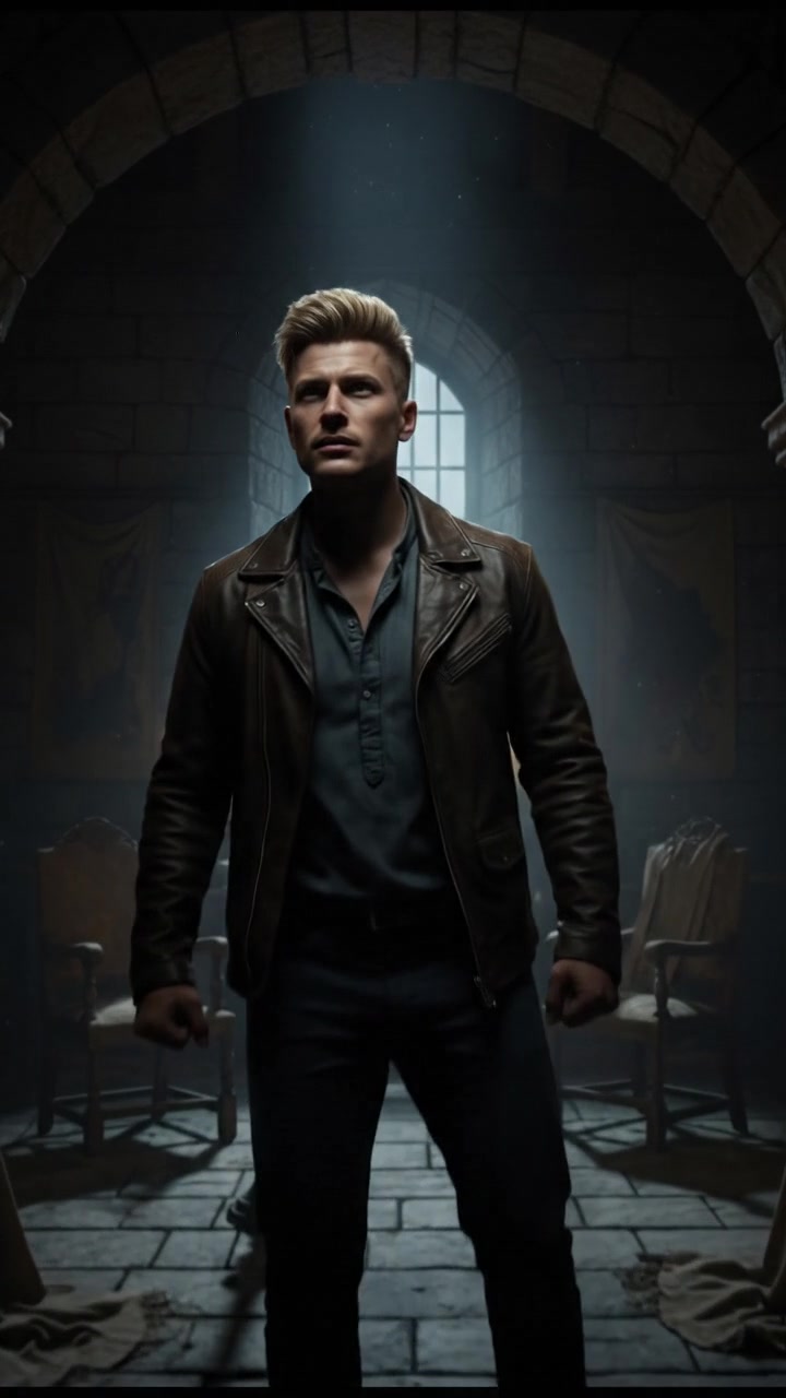 Ryan standing alone in a dimly lit room, looking frightened and curious at the same time.