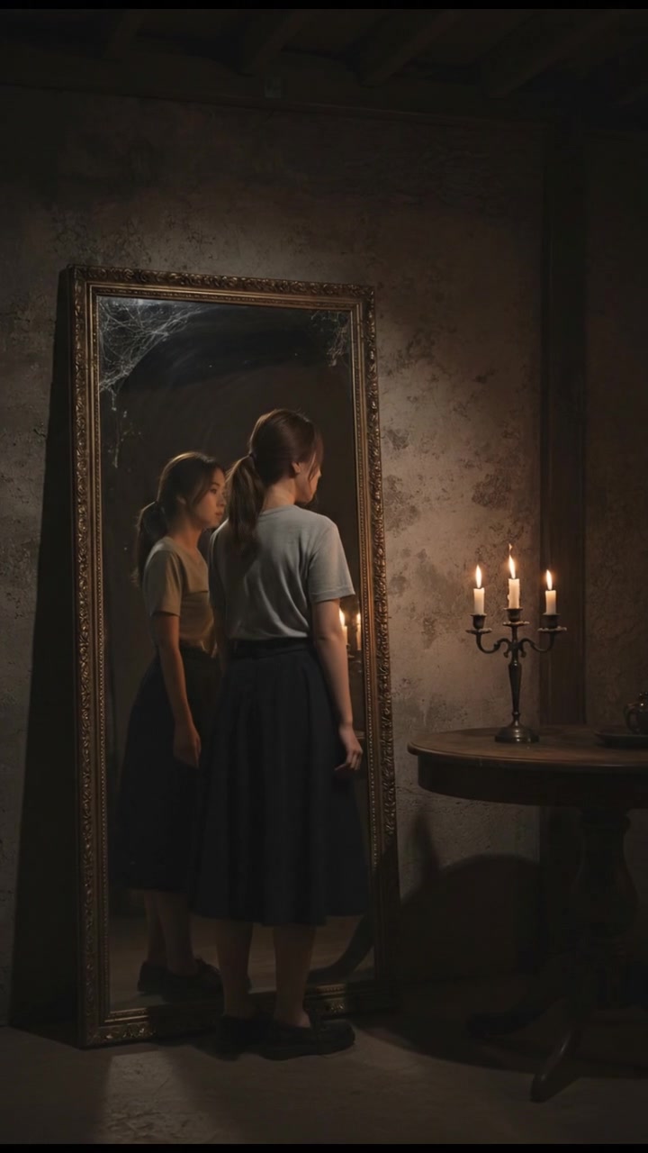 The mirror showing Mei's reflection, appearing slightly delayed or out of sync.