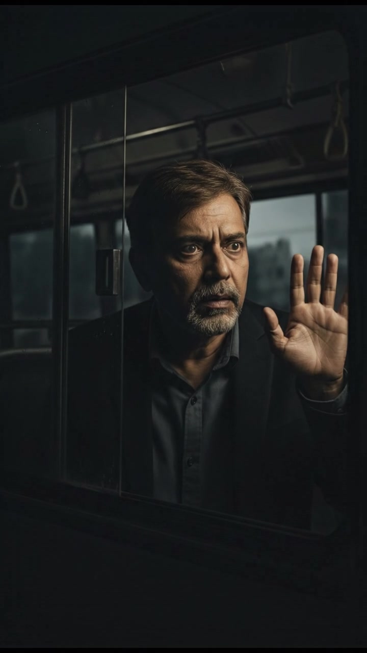 The Raj looking anxious, peering out of the bus window at something.