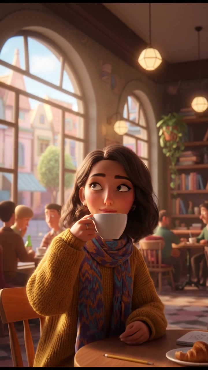 Laila sitting at a small table by the window in a café, looking down at her coffee.